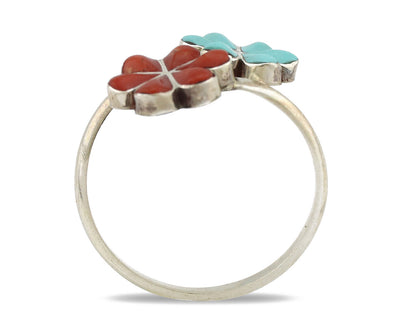 Zuni Flower Ring 925 Silver Turquoise & Coral Native American Artist C.80's