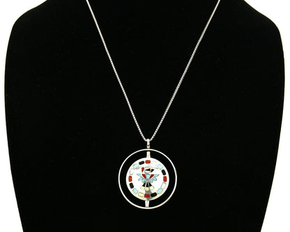 Women's Navajo Spinner Pendant .925 Silver & Inlaid Gemstone Necklace