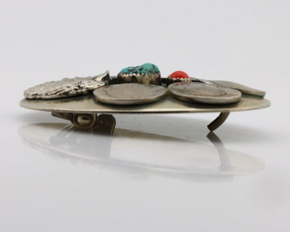 Navajo Eagle Head Belt Buckle .999 Nickle Turquoise & Coral Native Artist C80s