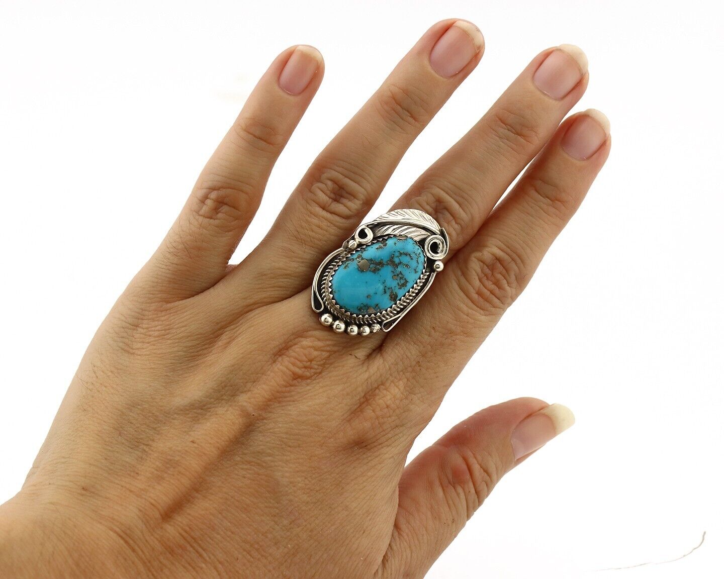 Navajo Inlay Band Ring 925 Silver Blue Morenci Turquoise Signed Justin Morris
