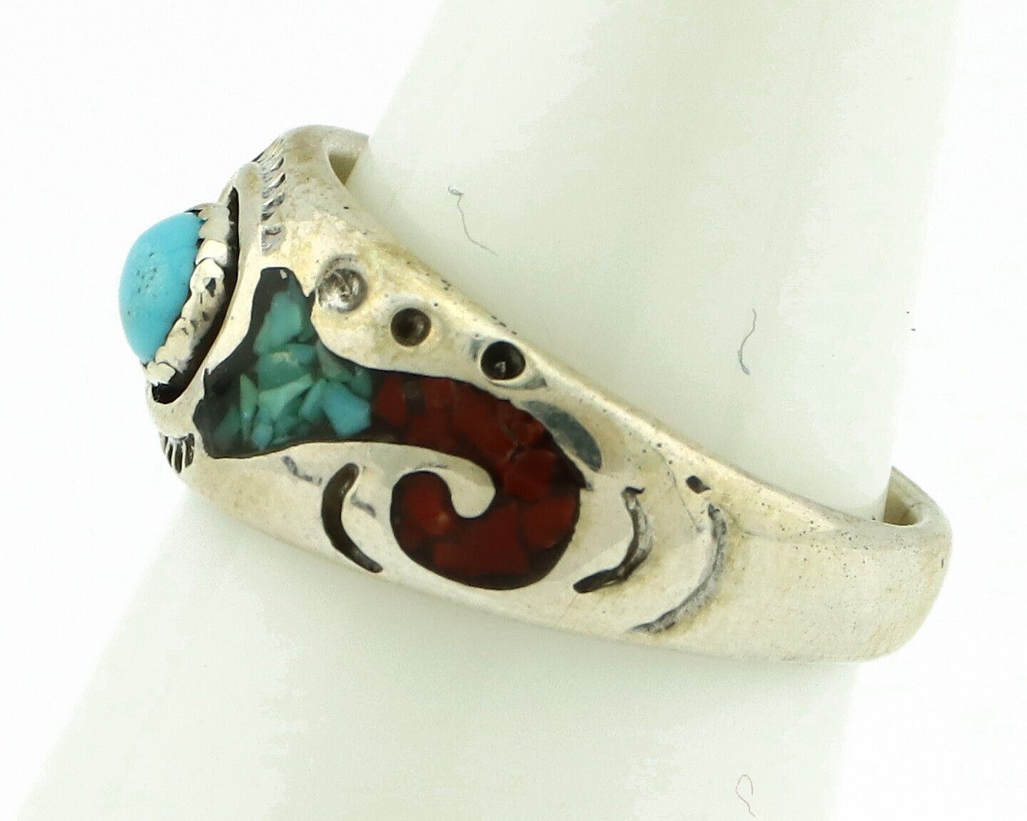 Navajo Handmade Ring 925 Silver Blue Turquoise & Coral Native American C.80's