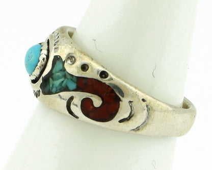 Navajo Handmade Ring 925 Silver Blue Turquoise & Coral Native American C.80's