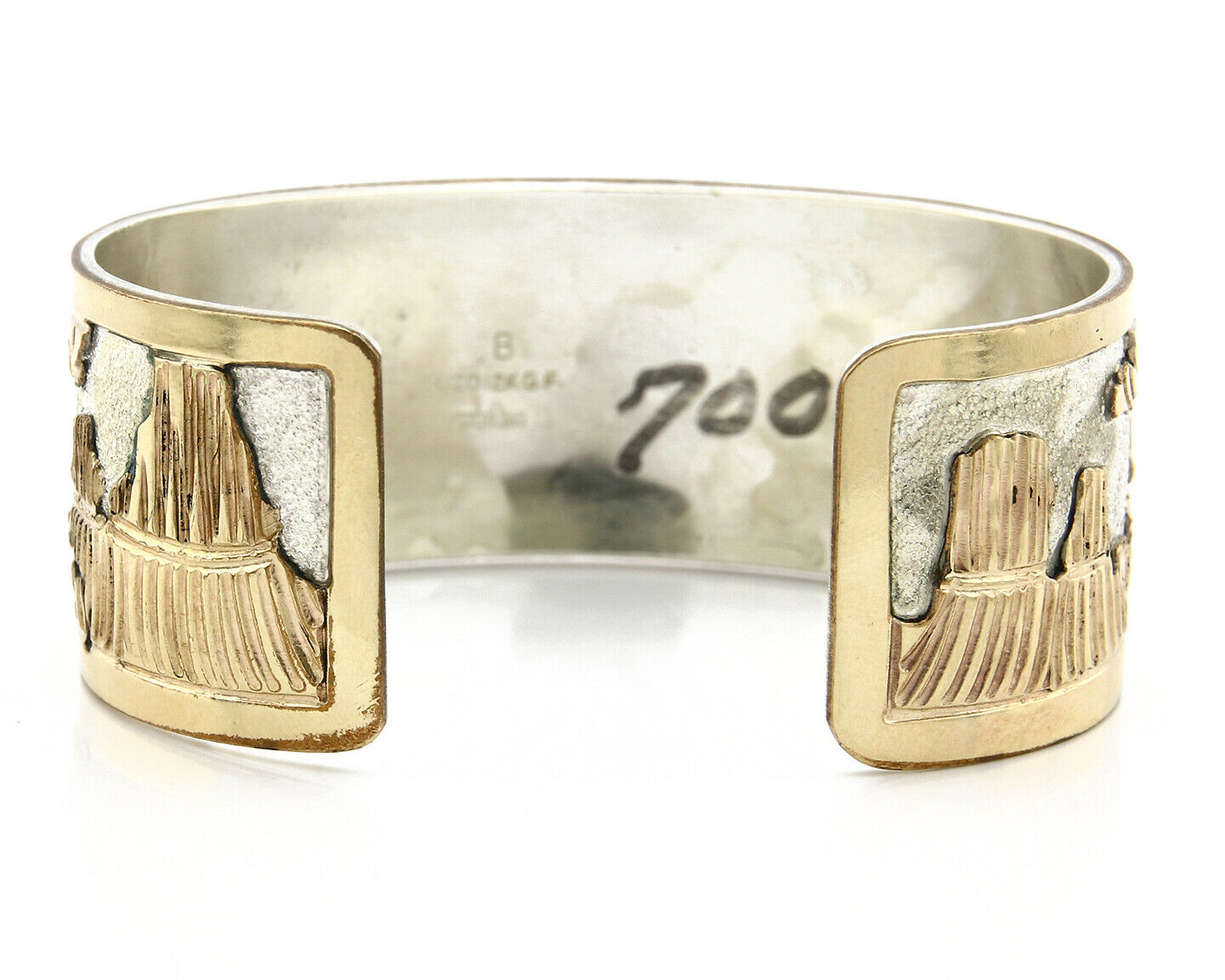 Navajo Bracelet Pictograph Landscape SOLID .925 Silver & 12K GF Artist Signed B