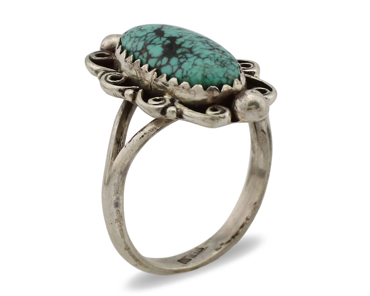 Navajo Ring .925 Silver Spiderweb Turquoise Artist Signed TALHAT C.80's