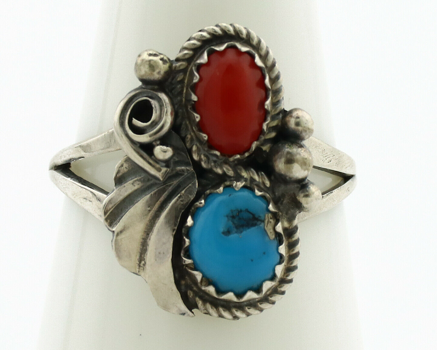 Navajo Ring .925 Silver Morenci Turquoise & Coral Native Artist Signed JM C.80's