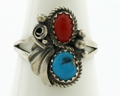 Navajo Ring .925 Silver Morenci Turquoise & Coral Native Artist Signed JM C.80's