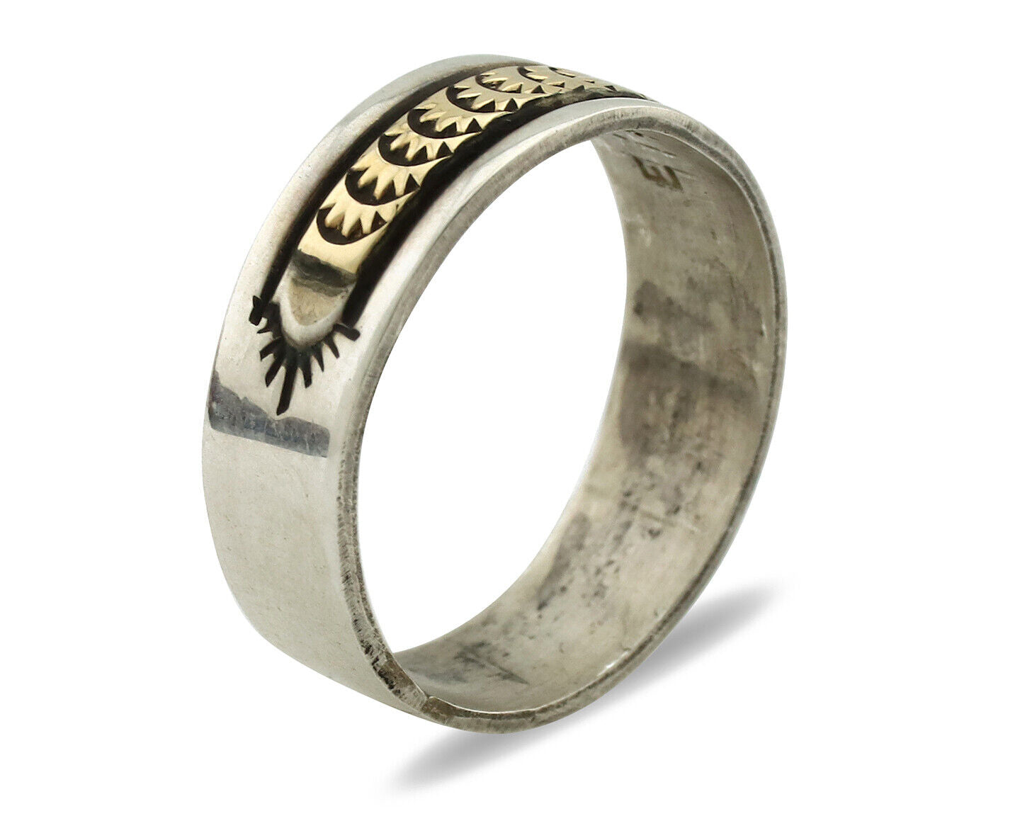 Navajo Ring 925 Silver & Solid 14k Yellow Gold Artist Signed E Hand Stamped C80s