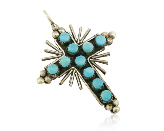 Zuni REAL Turquoise and Coral Reversible 925 Silver Handmade Cross Pendant