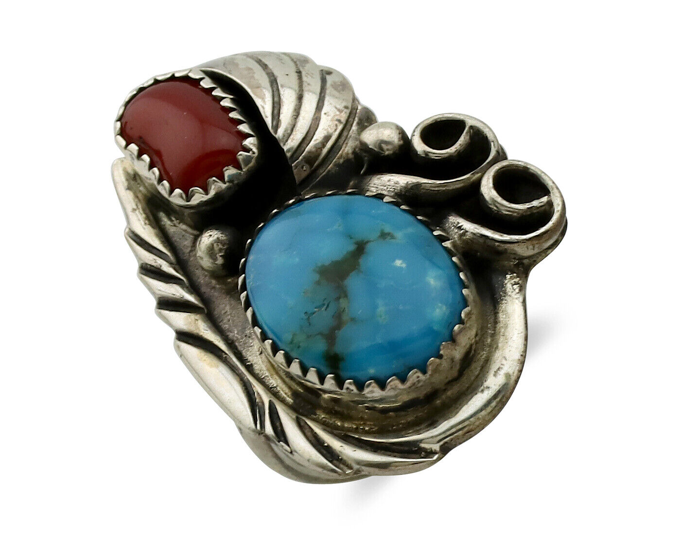 Navajo Ring 925 Silver Turquoise & Coral Artist Signed Native American C.80s