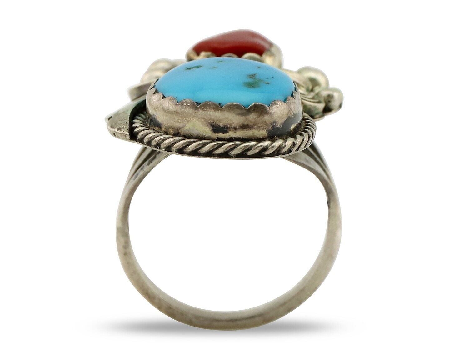 Navajo Ring 925 Silver Blue Turquiose & Coral Artist Signed Justin Morris C.80's