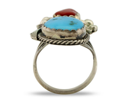 Navajo Ring 925 Silver Blue Turquiose & Coral Artist Signed Justin Morris C.80's