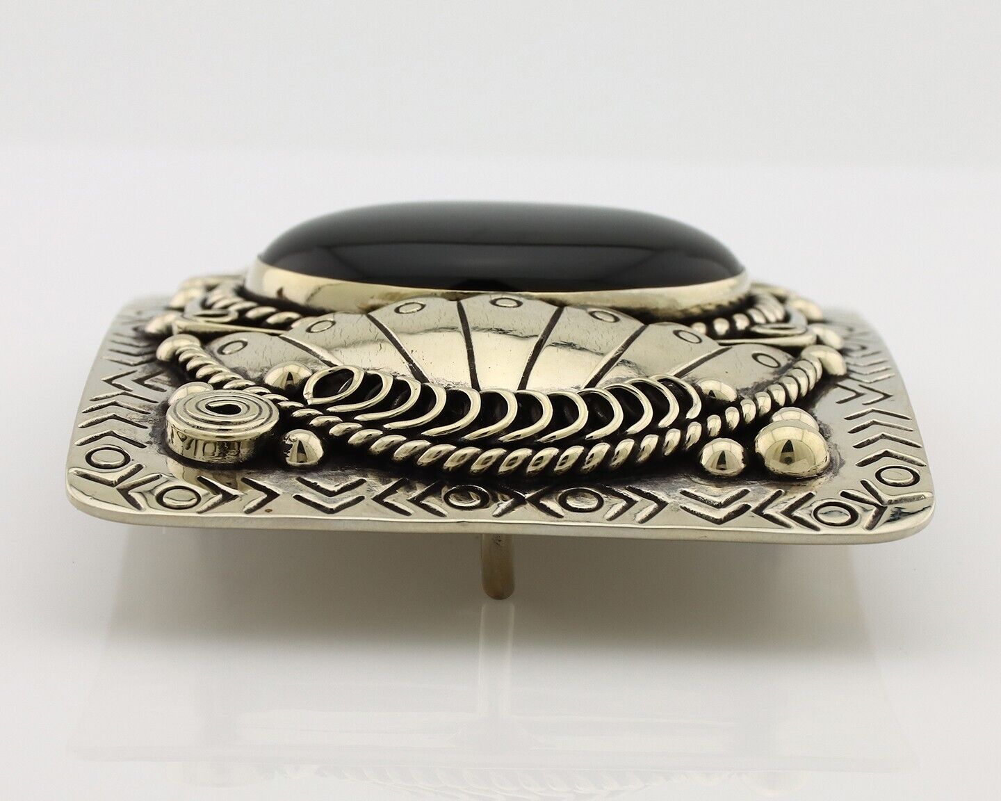 Men Navajo Belt Buckle 999 Nickel Onyx Artist Signed Teepee Handmade