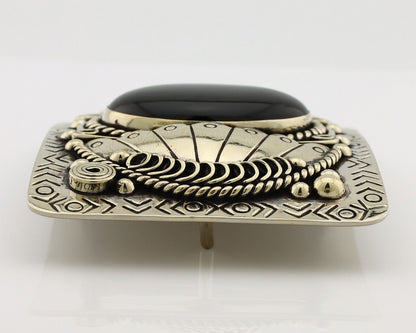 Men Navajo Belt Buckle 999 Nickel Onyx Artist Signed Teepee Handmade