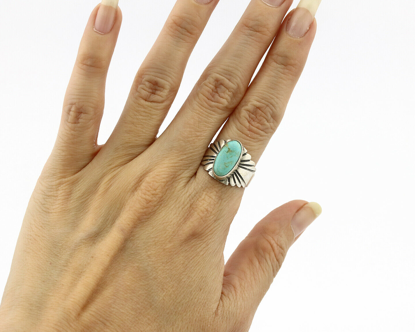 Navajo Ring .925 Silver Kingman Turquoise Artist Signed Apache C.80's