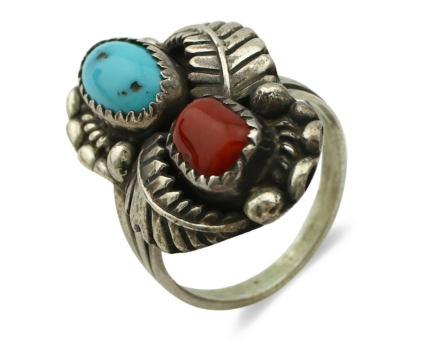 Navajo Ring .925 Silver Turquoise & Coral Artist Signed Thomas Singer C.80's