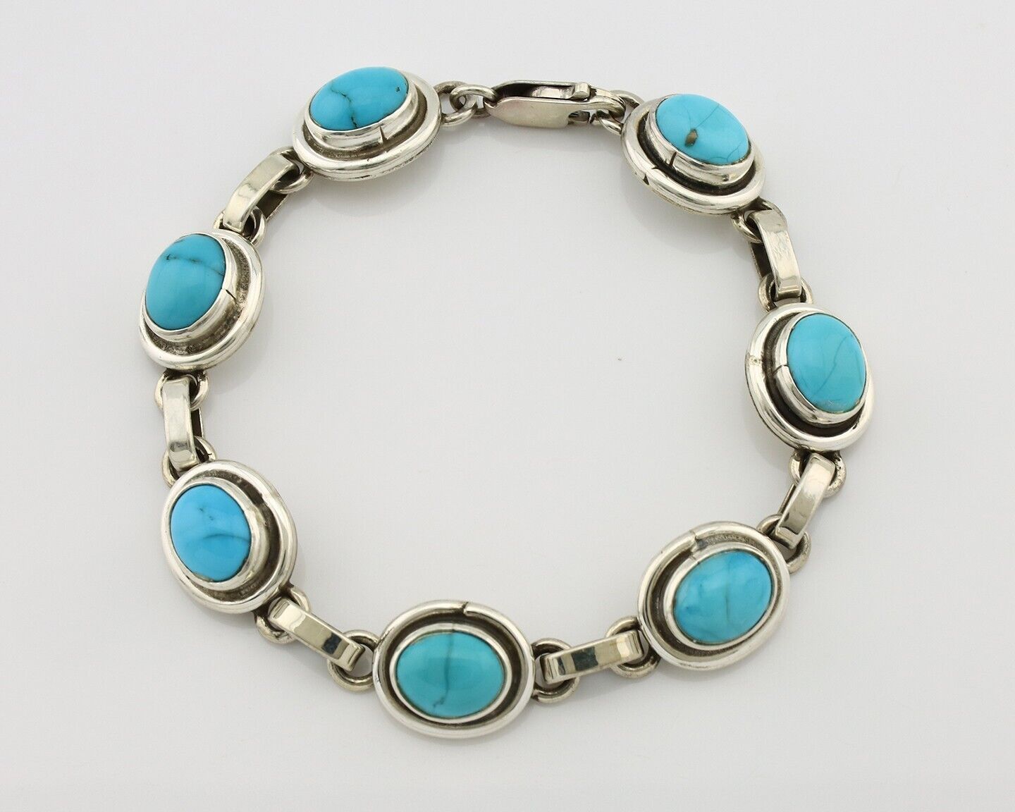 Navajo Link Bracelet .925 Silver Blue Turquoise Native American Artist C.80's