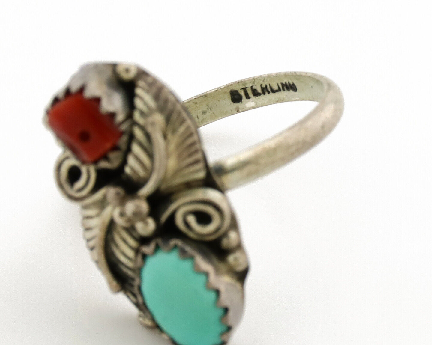 Navajo Ring 925 Silver Coral & Turquoise Handmade Native American Artist C.1980s