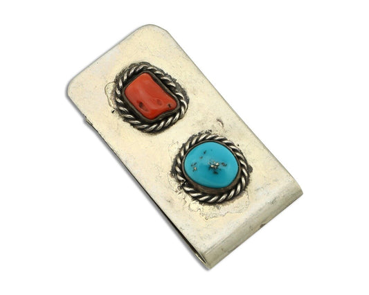 Navajo Money Clip 925 Silver & 999 Nickel Natural Turquoise & Coral Artist C80