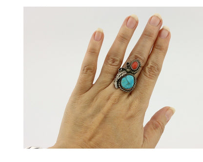 Navajo Handmade Ring 925 Silver Turquiose & Coral Native American Artist C.80's