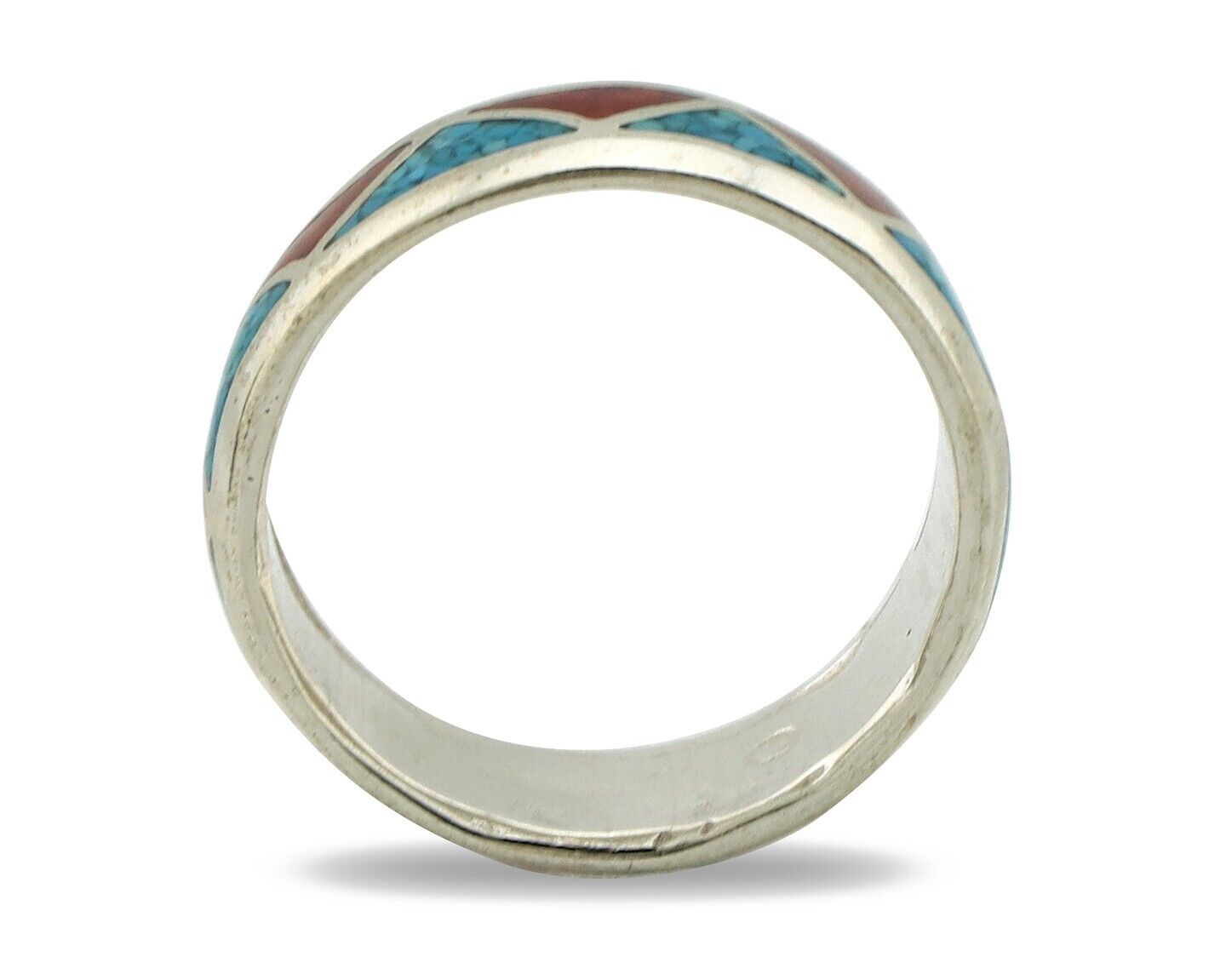 Navajo Chip Inlay Ring 925 Silver Sleeping Beauty Turquoise & Coral Silver Cloud