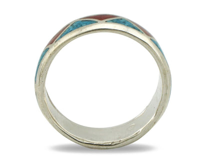 Navajo Chip Inlay Ring 925 Silver Sleeping Beauty Turquoise & Coral Silver Cloud