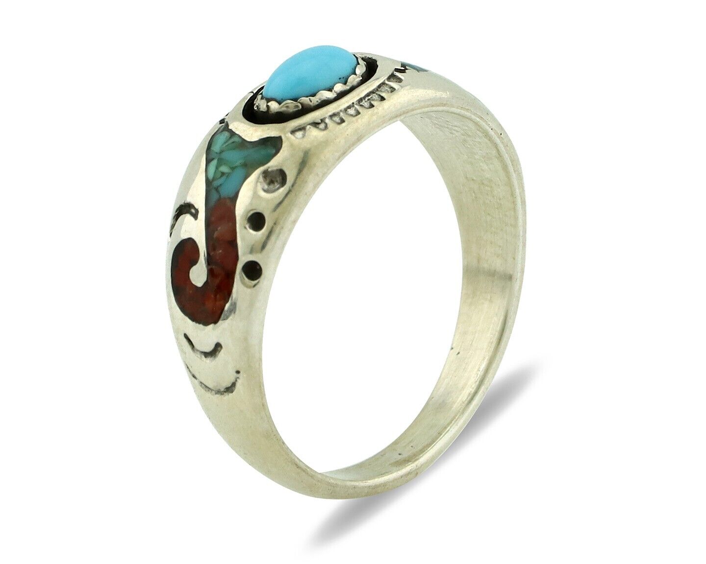 Navajo Handmade Ring 925 Silver Blue Turquoise & Coral Native American C.80's