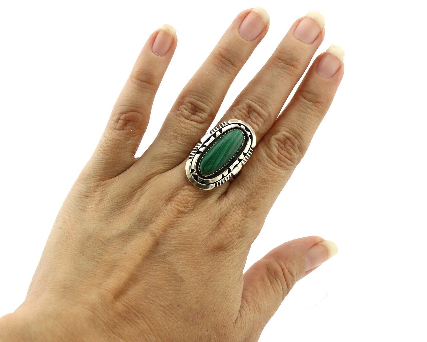 Navajo Ring 925 Silver Natural Malachite Artist Signed William Denetdale C.80's