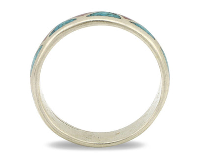 Navajo Chip Inlay Ring 925 Silver Sleeping Beauty Turquoise & Coral Silver Cloud