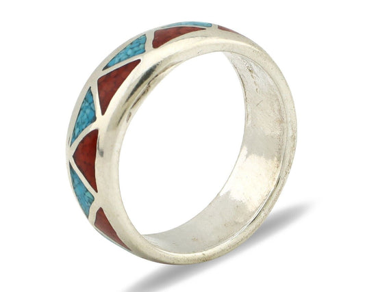Navajo Chip Inlay Ring 925 Silver Sleeping Beauty Turquoise & Coral Silver Cloud