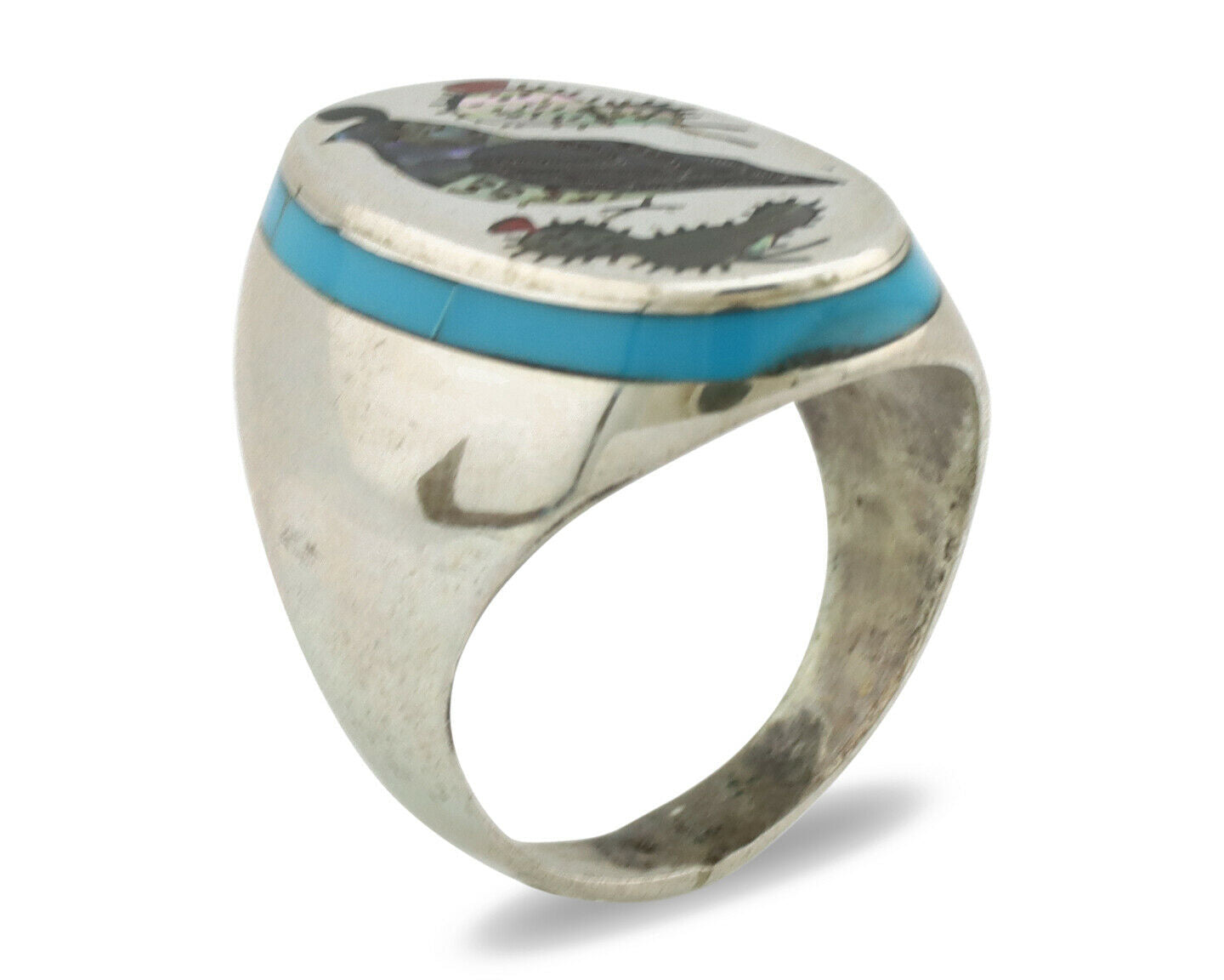 Zuni Inlaid Quail Bird Ring .925 Silver Artist Signed Watchman C.1980's
