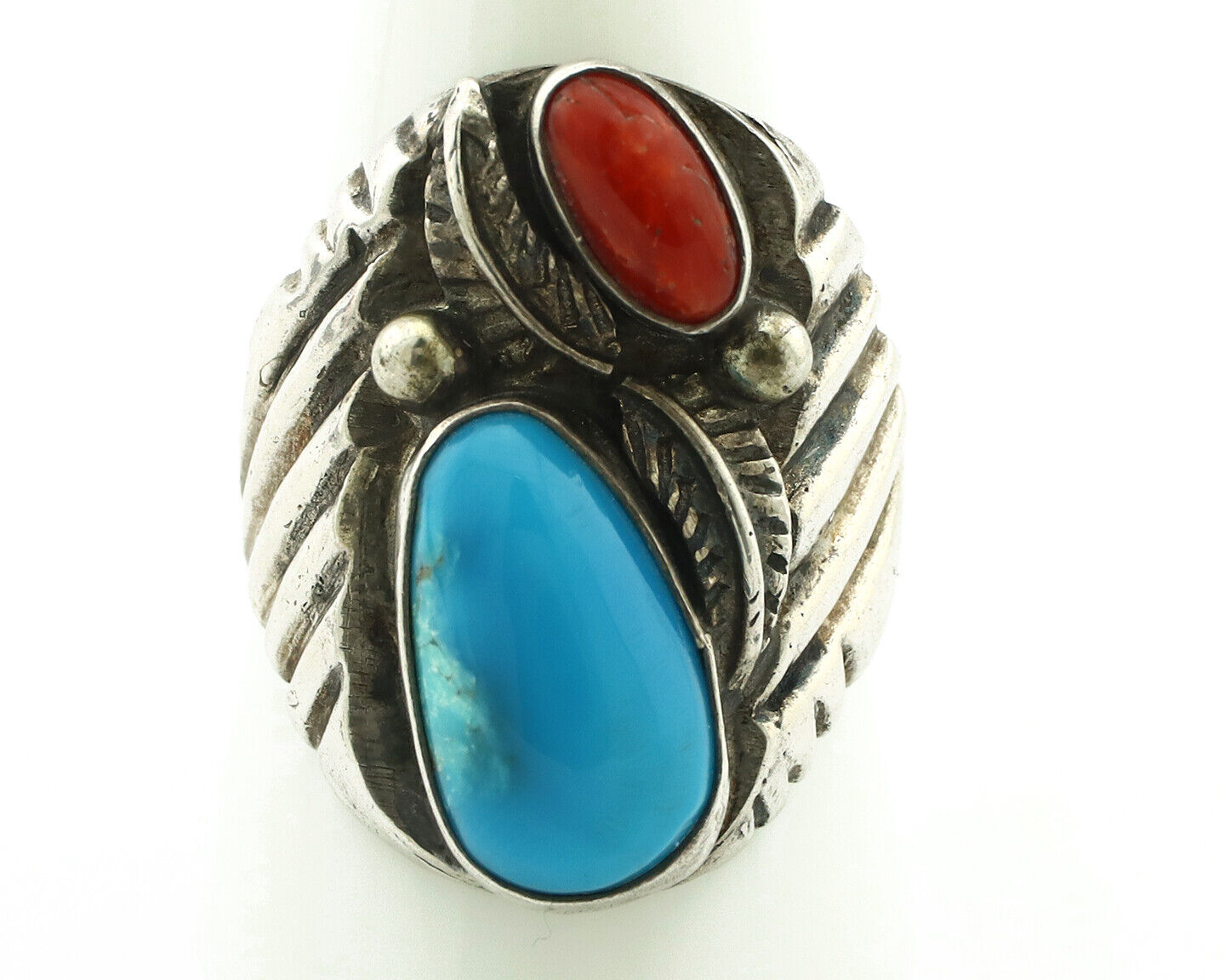 Navajo Ring 925 Silver Coral & Easter Blue Turquoise Native Artist C.1980's