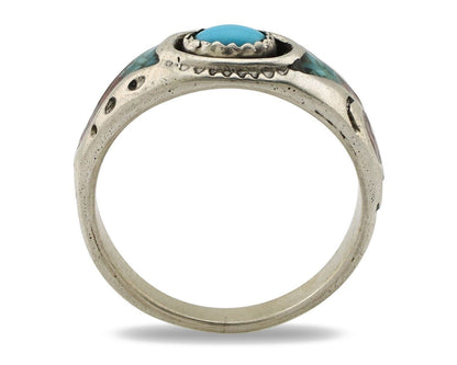 Navajo Handmade Ring 925 Silver Blue Turquoise & Coral Native American Artist