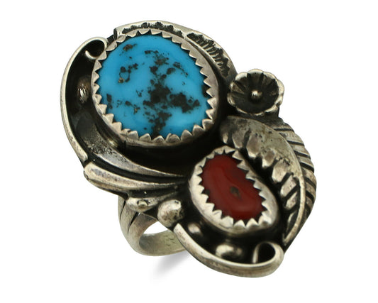 Navajo Ring .925 Silver Turquoise & Coral Artist Signed Thomas Singer C.80's