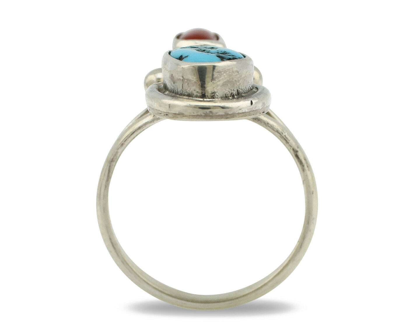 Navajo Ring .925 Silver Red Coral & Blue Turquoise Native Artist C.80's