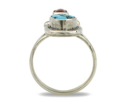 Navajo Ring .925 Silver Red Coral & Blue Turquoise Native Artist C.80's