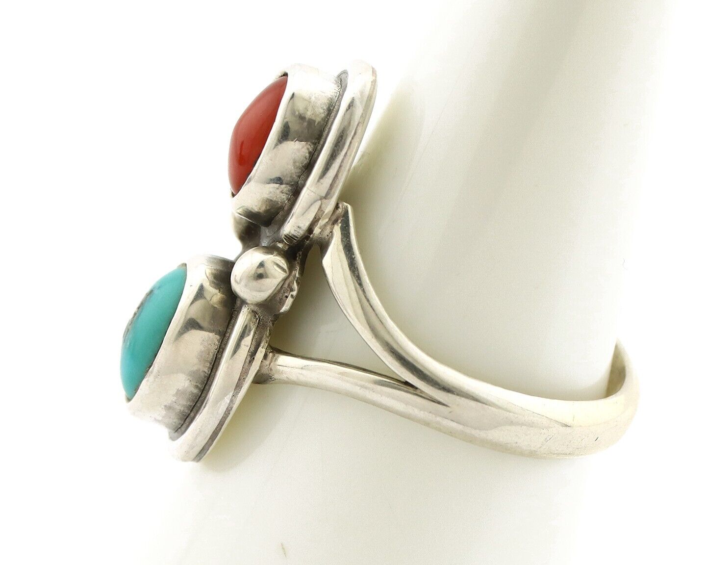 Navajo Handmade Ring 925 Silver Coral & Turquoise Native American Artist C.80's