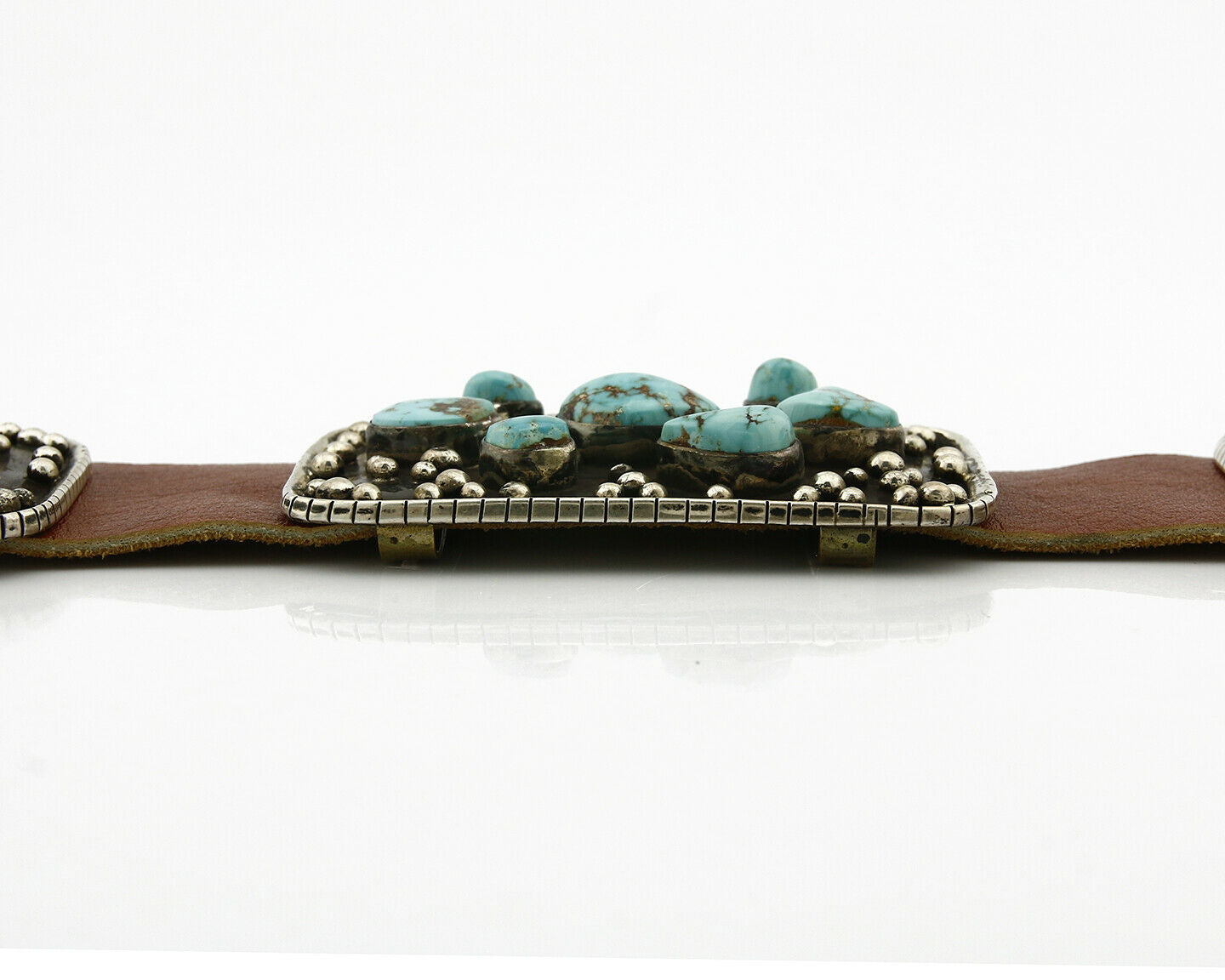 Navajo Concho Belt .925 Silver Blue Gem Turquoise Signed J.S. Circa 80's