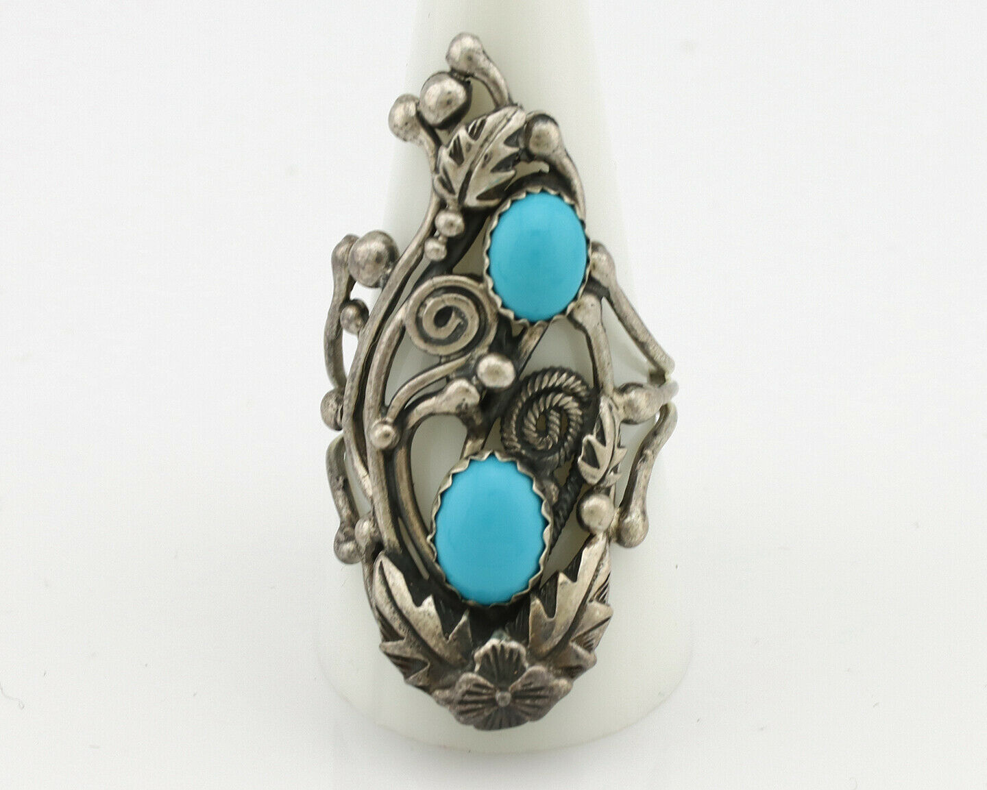 Navajo Ring .925 Silver Sleeping Beauty Turquoise Signed Prairie Fire C.80's