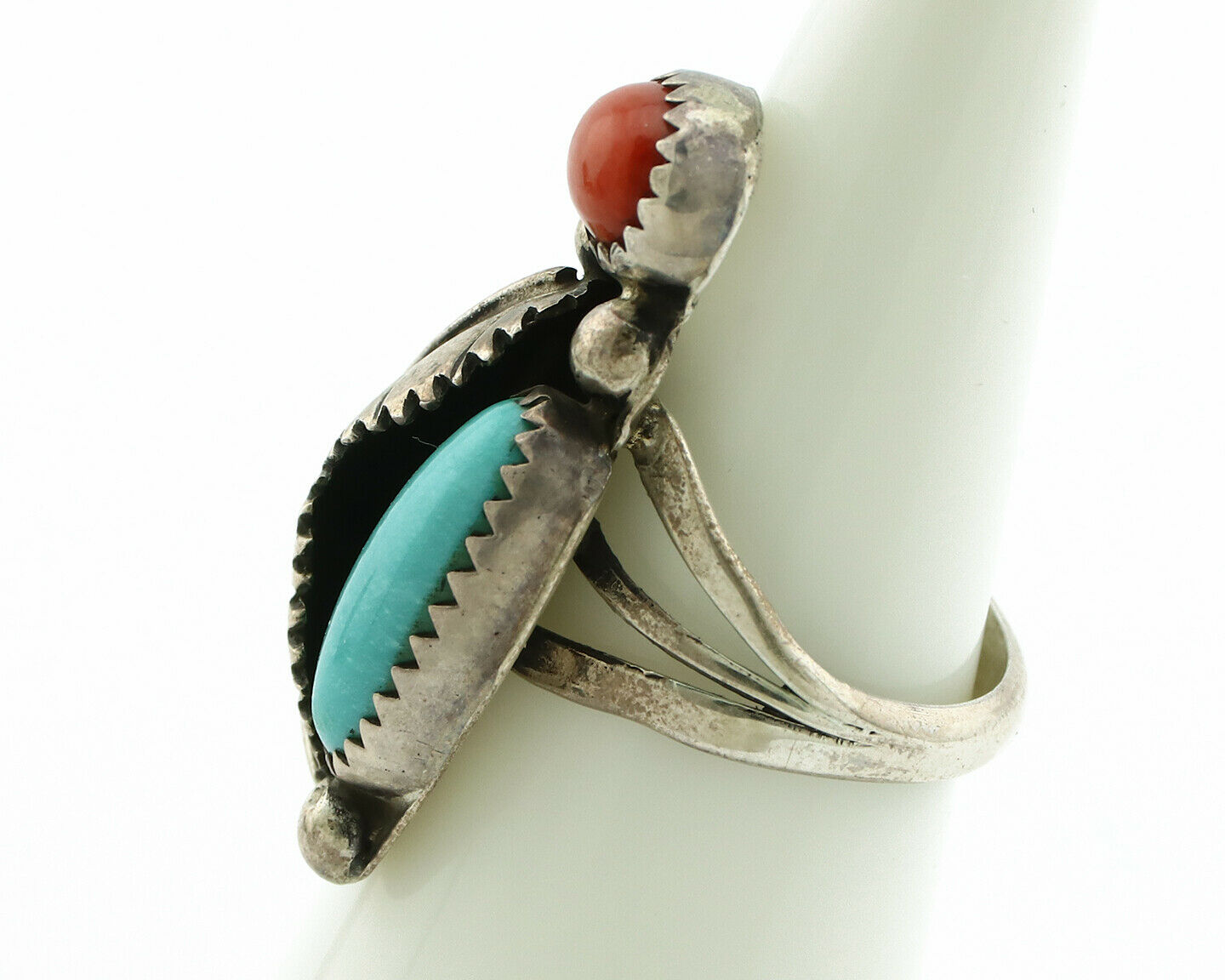 Navajo Ring .925 Silver Turquoise & Coral Native American Artist C.1980's