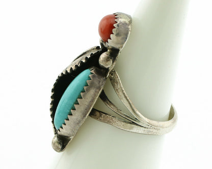Navajo Ring .925 Silver Turquoise & Coral Native American Artist C.1980's