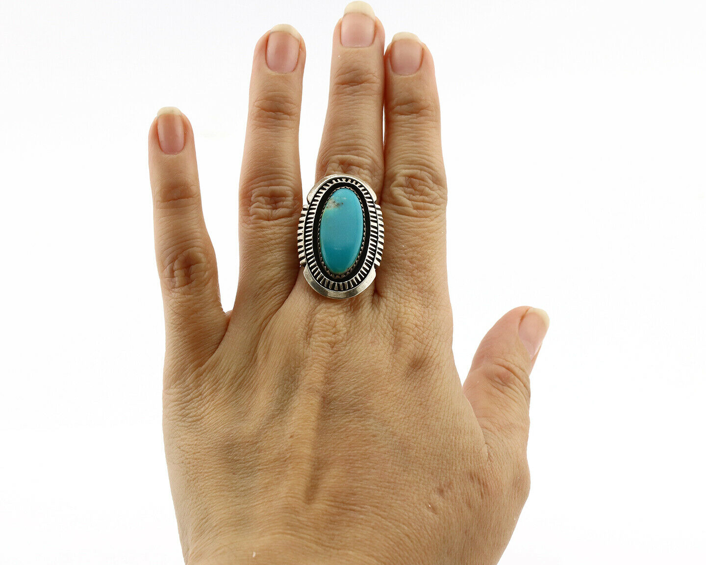 Navajo Ring .925 Silver Nevada Turquoise Native American Artist C.1980's