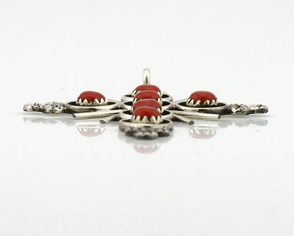 Zuni Handmade Cross Necklace 925 Silver Red Coral Artist Signed NOM? C.80's