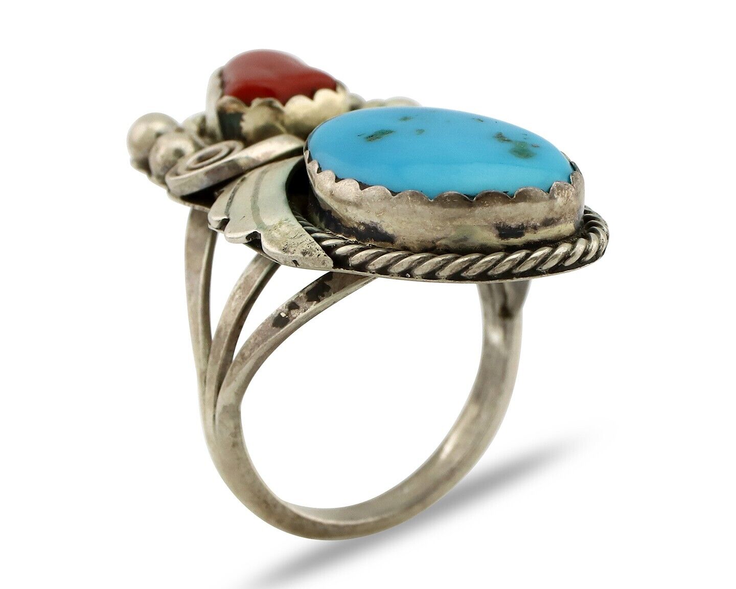 Navajo Ring 925 Silver Blue Turquiose & Coral Artist Signed Justin Morris C.80's