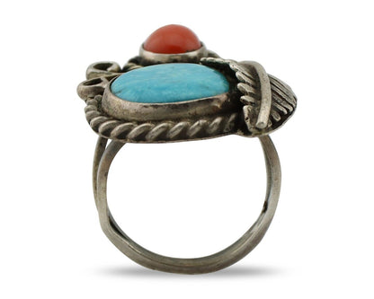 Navajo Handmade Ring 925 Silver Turquiose & Coral Native American Artist C.80's