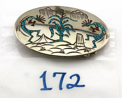 Navajo Belt Buckle .999 Nickle Silver Turquoise Coral Signed SD C.80's