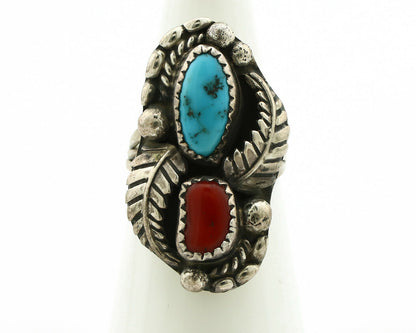 Navajo Ring .925 Silver Turquoise & Coral Artist Signed Thomas Singer C.80's