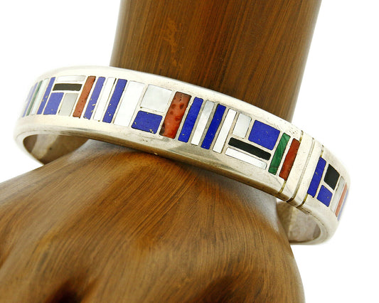 Artist David Freeland Inlaid Natural Gemstone .925 SOLID Silver Cuff Bracelet