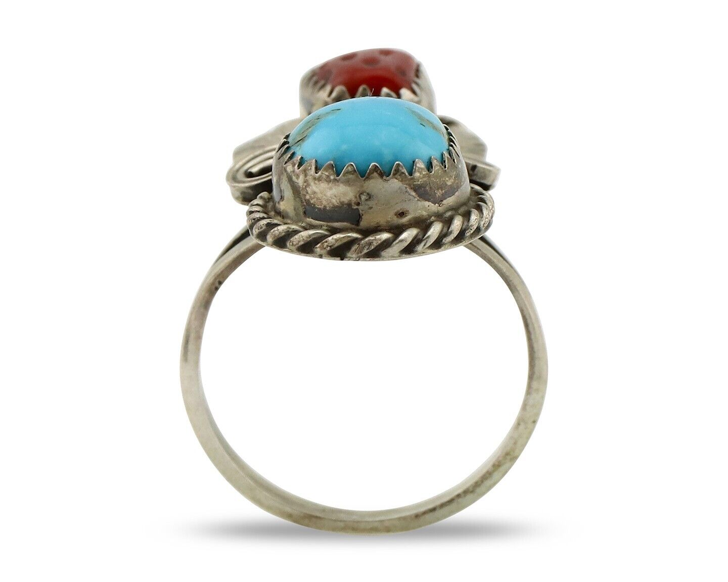 Navajo Ring 925 Silver Blue Turquiose & Coral Artist Signed Justin Morris C.80's