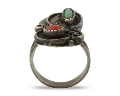 Navajo Handmade Ring 925 Silver Turquiose & Coral Native American Artist C.80's