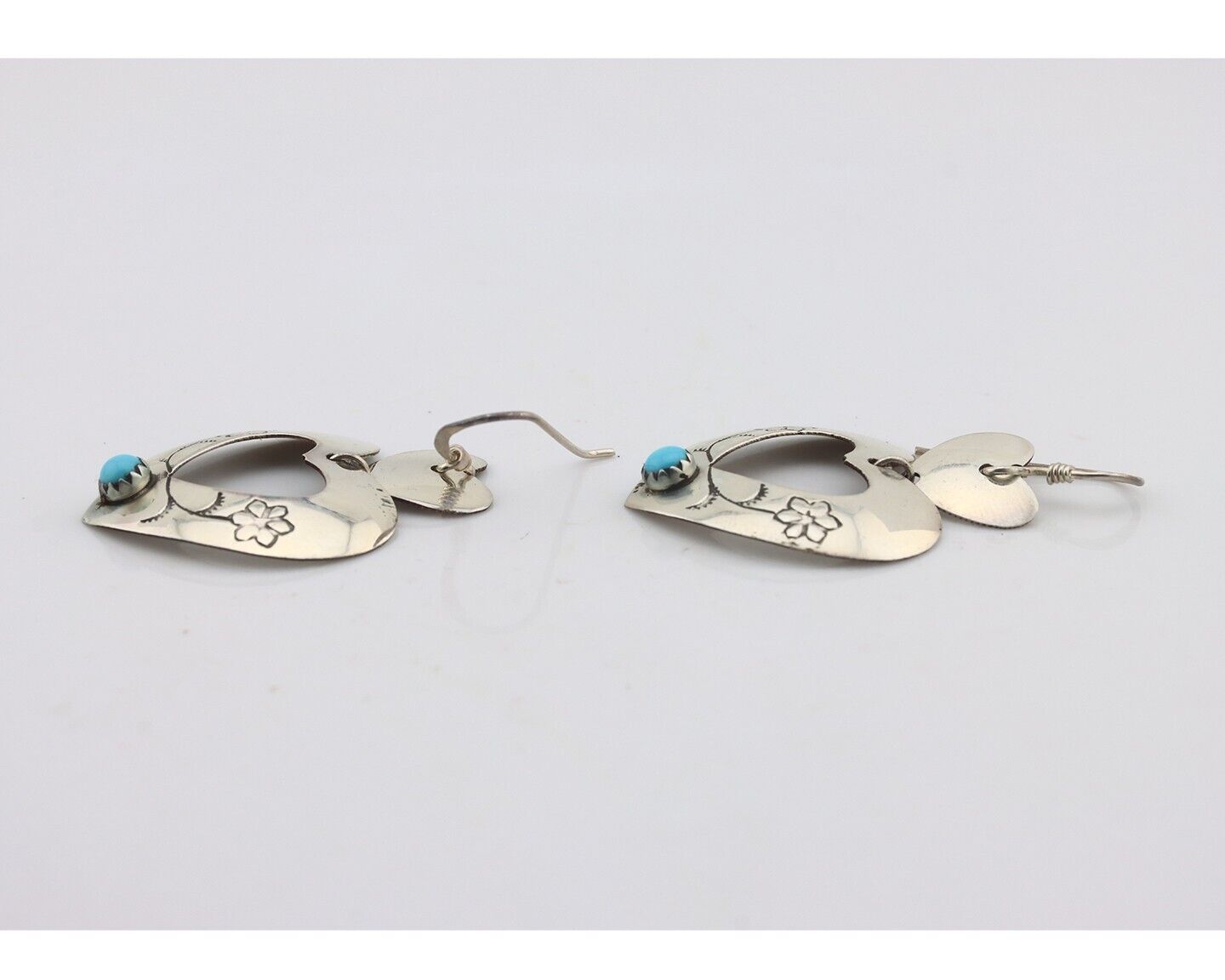 Navajo Dangle Heart Earrings Handmade 925 Silver Blue Turquoise Native Artist 80
